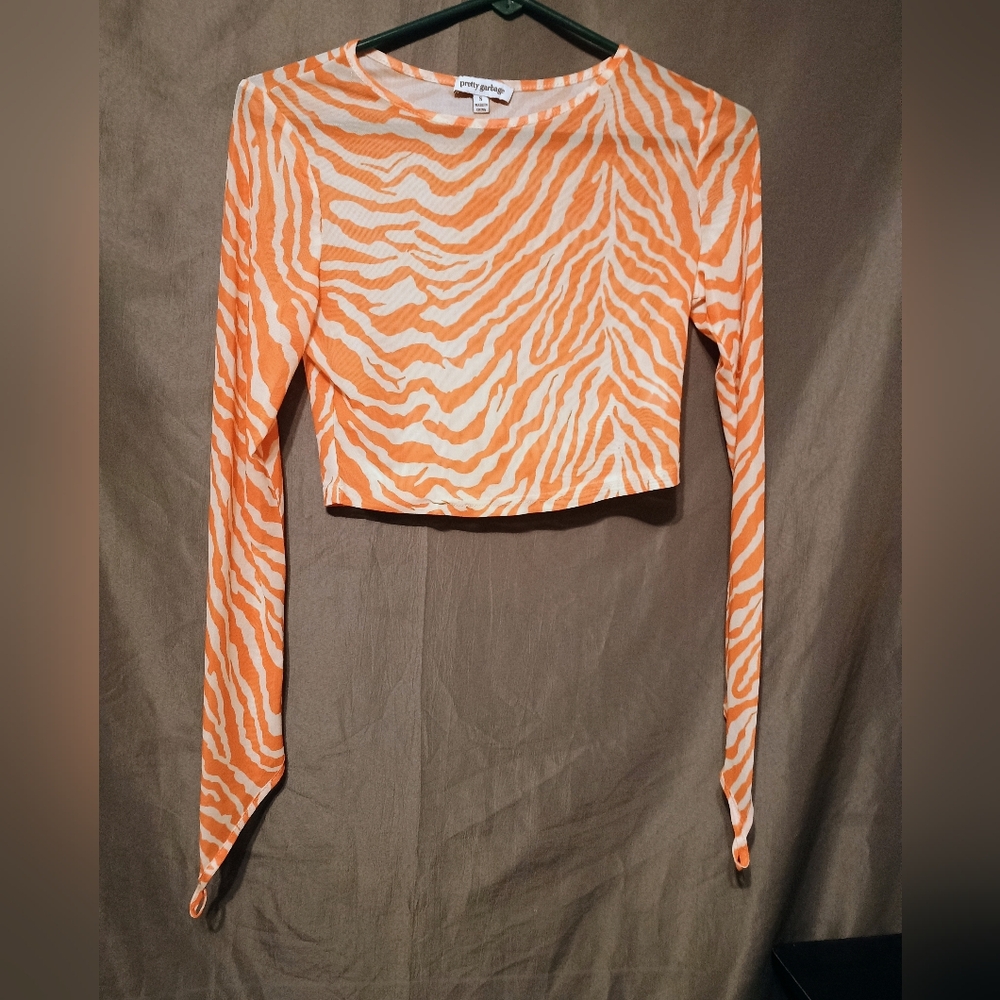 Pretty Garbage Orange Long Sleeve Mesh Crop Top